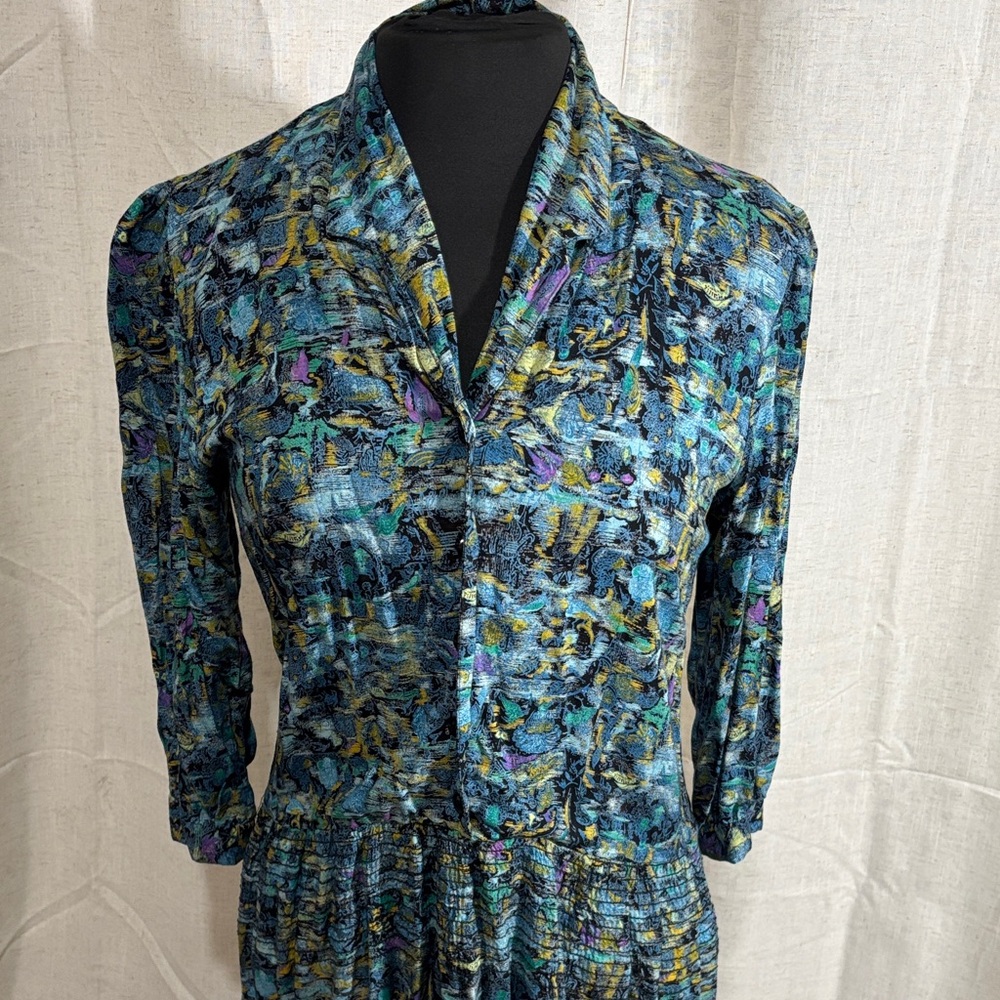 Vintage 80s E.D. Michaels Blue Abstract Print Midi Dress